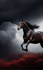 majestic black horse leaping through a stormy sky. 