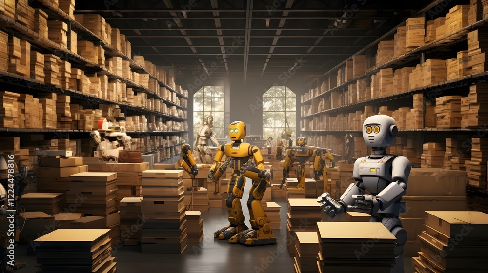Poster robotic arms efficiently arranging products on shelves in a high tech automated warehouse with advan