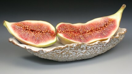 Two halves of a ripe fig on a ceramic dish.
