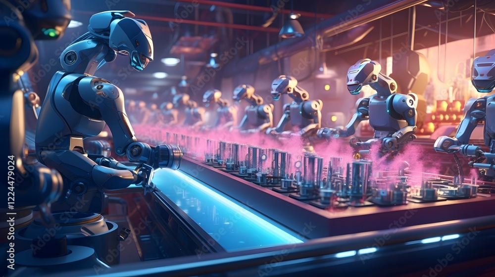 Poster cutting edge robotic arms and machinery working in unison within a sleek modern industrial smart fac
