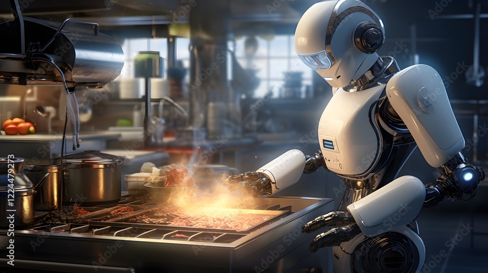 Aufkleber futuristic robot chef expertly preparing a gourmet meal in a sleek high tech kitchen of the future a