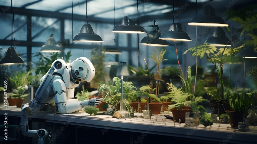 Poster an advanced intelligent robot meticulously studying and analyzing various plant specimens in a state
