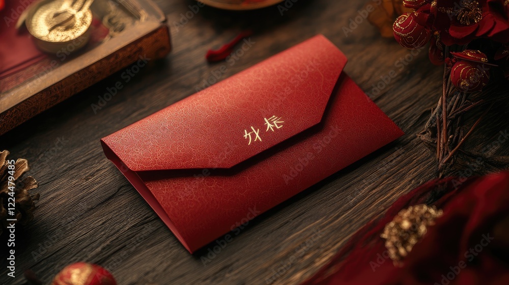 Poster a close-up of a personalized red envelope with a name elegantly printed in gold, surrounded by tradi
