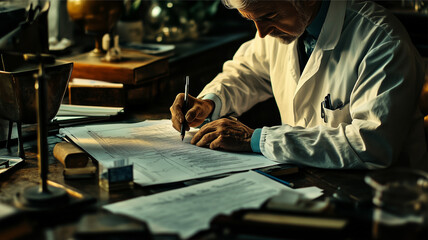 A forensic doctor is writing a case report at a table with many documents. AI generated images.	