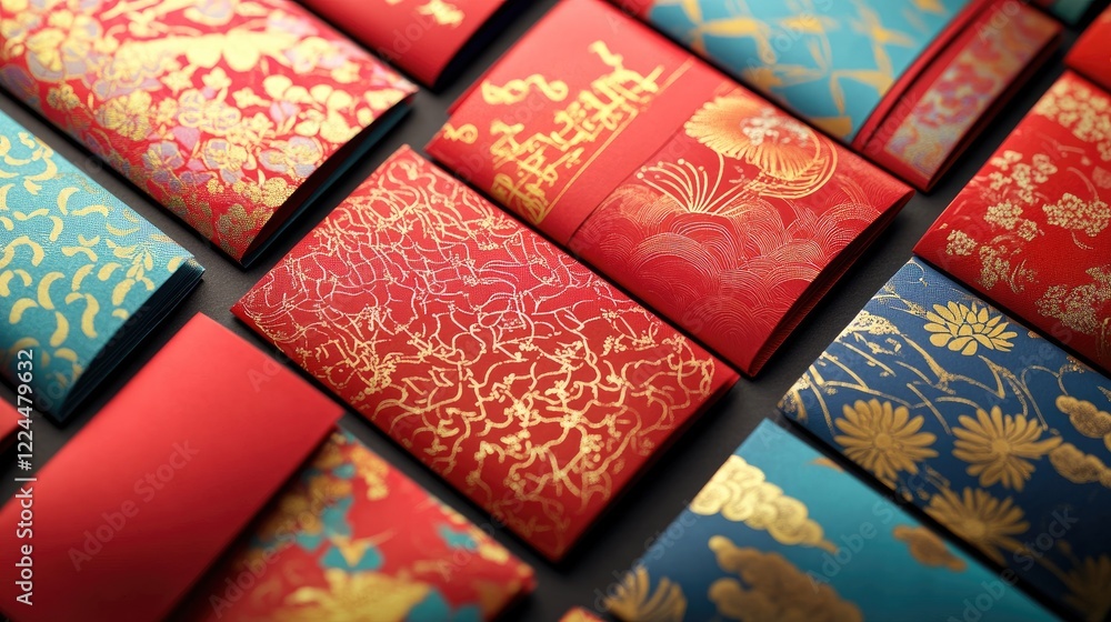 Poster a collection of custom-designed red envelopes featuring unique patterns, with names or messages in g