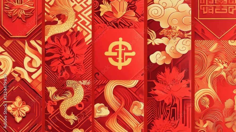 Poster a collection of personalized red envelopes with unique patterns and names, each adorned with auspici
