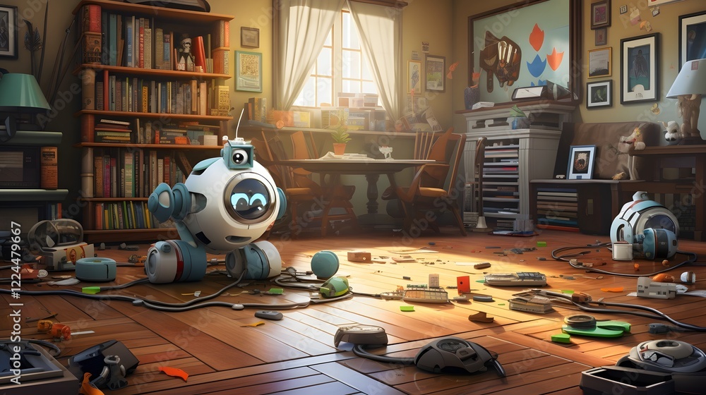 Aufkleber autonomous robot vacuum cleaner navigating through a cluttered and cluttered room with various obsta
