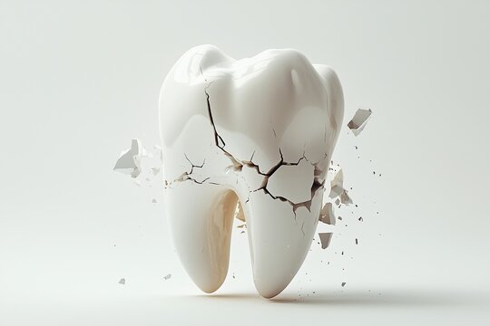 A white tooth breaking into pieces, with fragments flying in mid air, symbolizing decay and fragility, set against a light gray background
