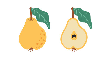 Hand-Drawn Whole and Sliced Pear vector illustration. Abstract simple  illustration of a whole pear and a sliced pear with green leaves. Perfect for food designs, prints and branding
