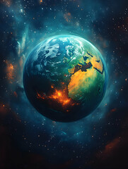 Obraz premium Burning Earth in Space; Climate Change; Cosmic Background; Global Warning; Environmental Disaster; Sci-fi Poster