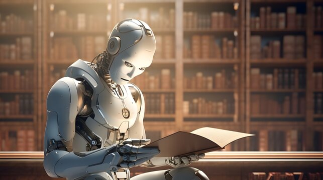 Humanoid robot engrossed in reading a book in a tranquil futuristic library setting surrounded by the pursuit of knowledge and intellectual discovery