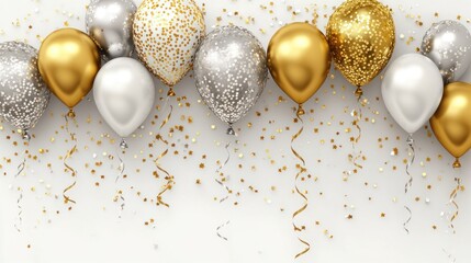 Gold, silver balloons & confetti on white.
