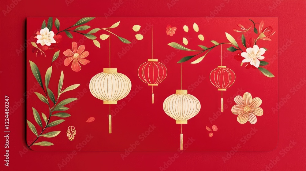 Poster a personalized red envelope with festive chinese new year symbols like lanterns and flowers, featuri