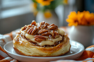 A freshly baked pecan caramel bun topped with nuts and drizzled with creamy glaze