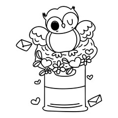 Valentine Postman Owl. Cute owl on decorated mailbox with flowers and hearts