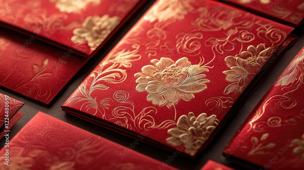 Poster a set of personalized red envelopes with elegant gold lettering and intricate patterns, designed for