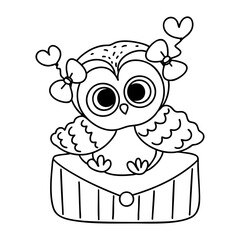 Valentine Postman Owl. Cute owl with hearts and bows sitting on mailbox, perfect for Valentine Day