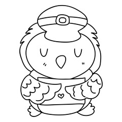 Valentine Postman Owl. Cute owl character holding mail box, wearing cap, perfect for coloring