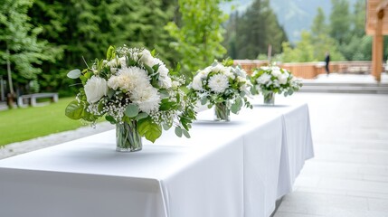 Elegant white floral arrangements on outdoor wedding table