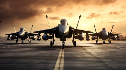 Fototapeta premium Powerful Squadron of Military Fighter Jets Preparing for Aerial Combat Mission on Tarmac Before Takeoff