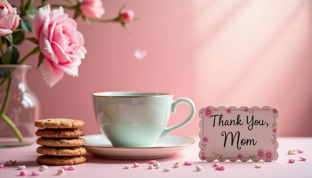 A delightful Mother’s Day setting features a cup of tea, a plate of cookies, and a thank you note. The soft pink backdrop highlights beautiful roses, creating a cozy atmosphere for celebration