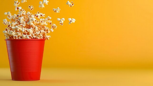 A photostock of vibrant popcorn flying dynamically out of a red popcorn bucket, captured mid-air on a clean background, symbolizing fun and entertainment. High Quality