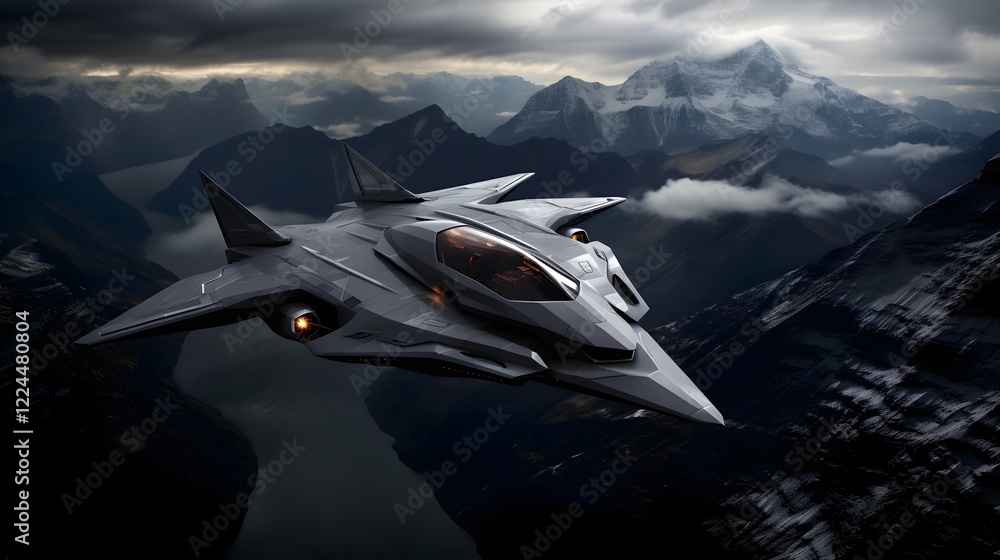 Poster a futuristic and advanced fighter jet concept design with a sleek aerodynamic body and powerful engi