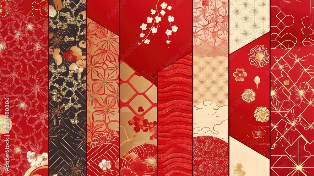Poster a set of red envelopes with personalized inscriptions, decorated with modern patterns and symbols of