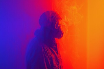 Fototapeta premium Mysterious figure in a gas mask stands against a vibrant, colorful backdrop of smoke and light