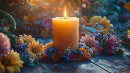 Candlelight Remembrance Floral tribute at dusk, peaceful scene for sympathy cards