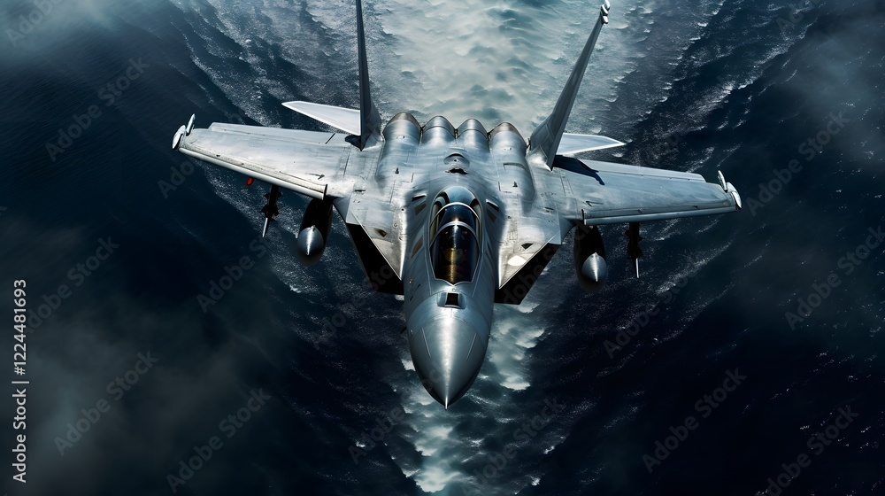 Poster top down view of a sleek and formidable fighter jet cutting through the sky at high speed over the b