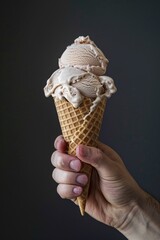Hand holding an ice cream cone with dark bg