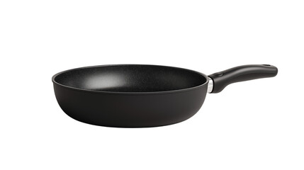 A sleek black frying pan with a smooth interior, designed for cooking various dishes, set against on a transparent background.