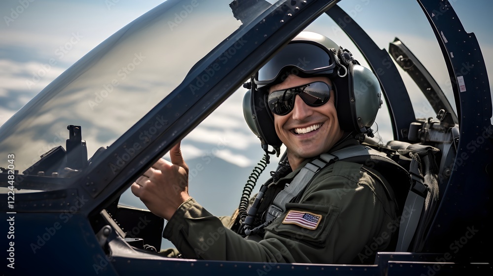 Poster pilot giving thumbs up from the cockpit of a high performance fighter jet surrounded by a sleek stre