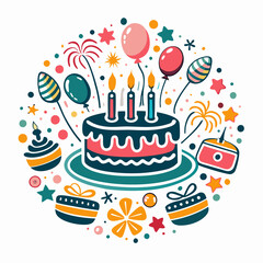 Festive birthday cake with balloons, gifts, and fireworks.