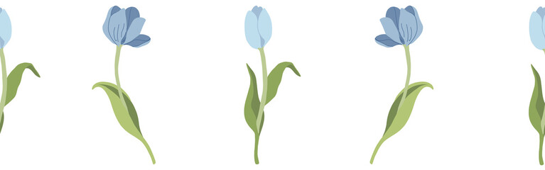 Floral blue tulip border flowers on a white background. Hand-drawn illustration. Perfect for spring and summer.