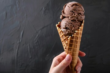 Hand holding chocolate cream cone on gray background 