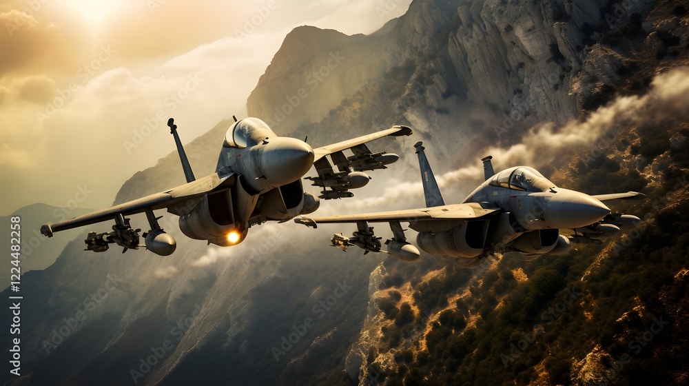 Poster two high performance fighter jets soaring through the sky engaged in a dynamic and intense simulated