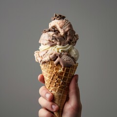 Hand holding an Chocolate and Vanilla cream cone dark background