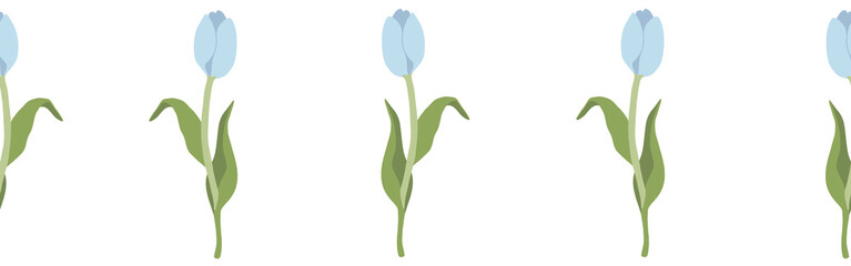 Floral blue tulip border flowers on a white background. Hand-drawn illustration. Perfect for spring and summer.