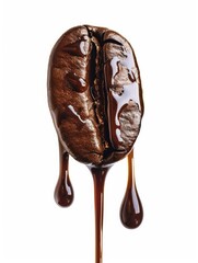 Drop of coffee dripping from coffee seed isolated on white background