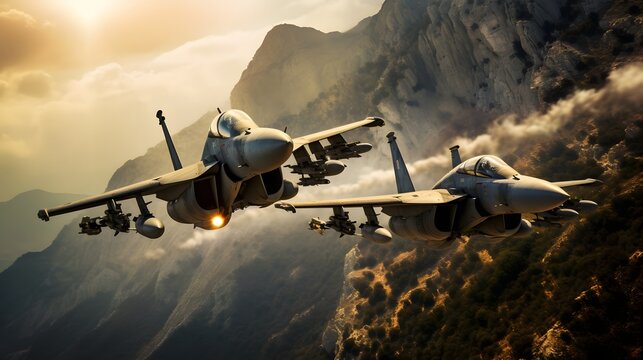 Two high performance fighter jets soaring through the sky engaged in a dynamic and intense simulated dogfight exercise  The aircraft demonstrate their agility speed