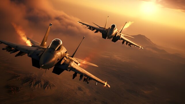 Two cutting edge fighter jets engaged in a high speed dynamic dogfight maneuver in the cloudy sky  The aircraft are performing evasive actions with trails of smoke and energy emissions