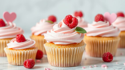 Cupcakes with pink icing, fresh raspberries and heart-shaped decor, arranged on a marble surface. The background is designed in pastel colors.