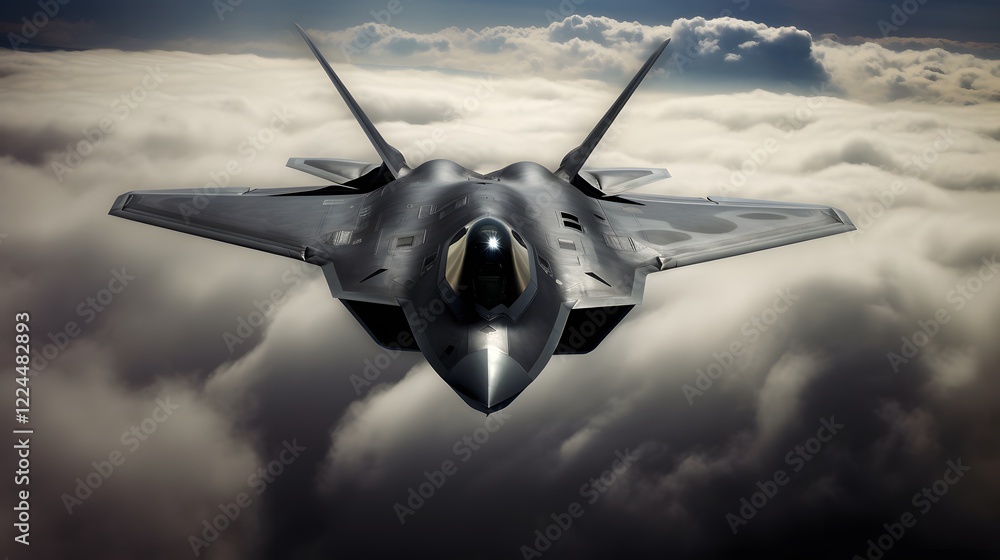 Poster stealthy and advanced fighter jet aircraft emerging from within a dense cloud bank showcasing its sl