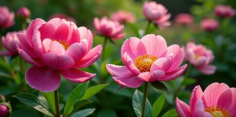 Fototapeta premium Lush pink peonies in full bloom, vibrant garden setting , peony, outdoor, floral background