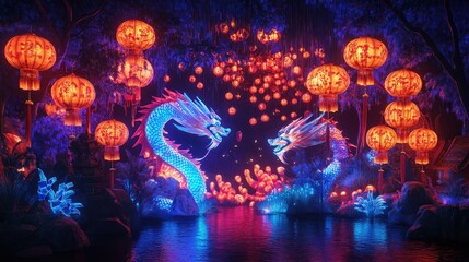 Fototapeta premium A cyberpunk-inspired Chinese New Year scene with glowing lanterns, robotic dragons, and augmented reality elements projecting blessings