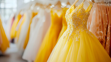 Yellow gown displayed in bridal shop; other dresses blurred background