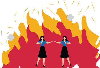 Conflicts and contradictions, quarrels, arguments or rivalries, two businesswomen with their backs on fire trying to attack each other