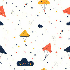 A playful pattern featuring colorful kites and clouds on a white background.